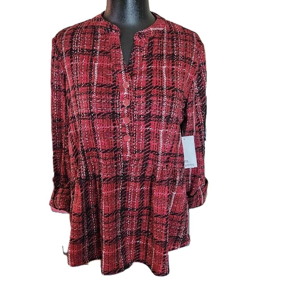 Kim Rogers Red Long Sleeve Button Up Peplum Tunic Large
